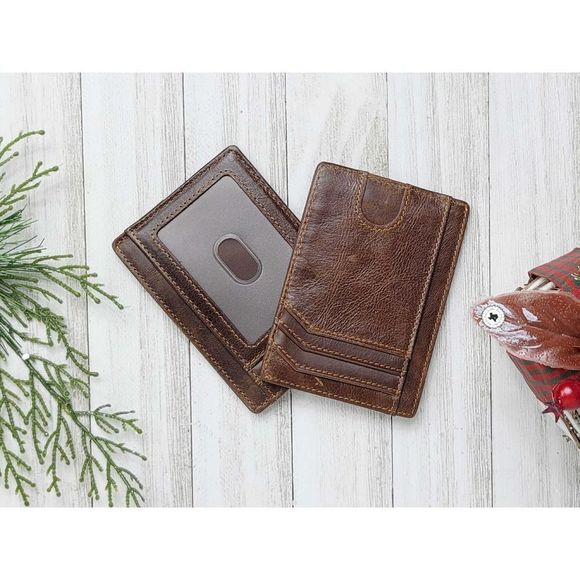 Brown Leather Card Wallet with Window ID, Free Personalization - Picture 3 of 3